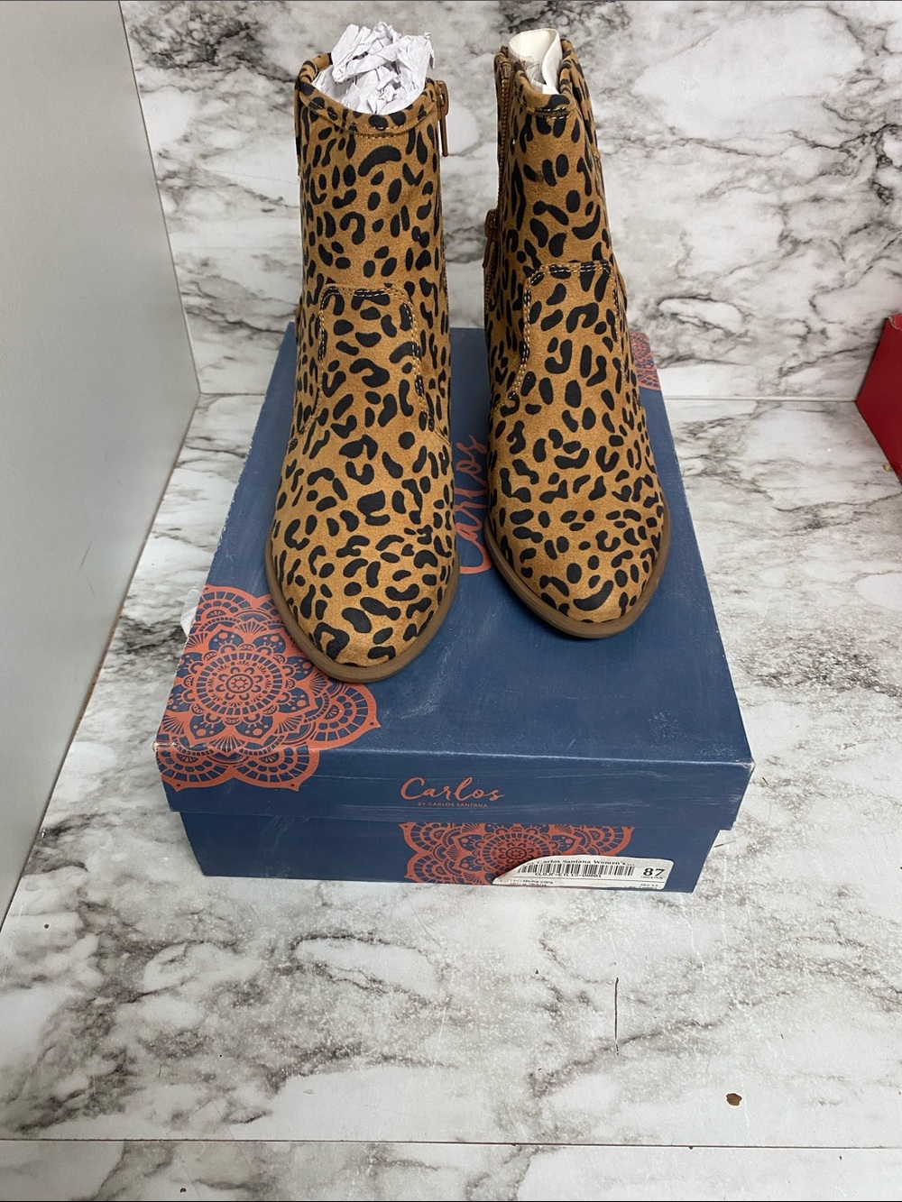 Carlos Santana Leopard Print Ankle Booties in Tan and Black